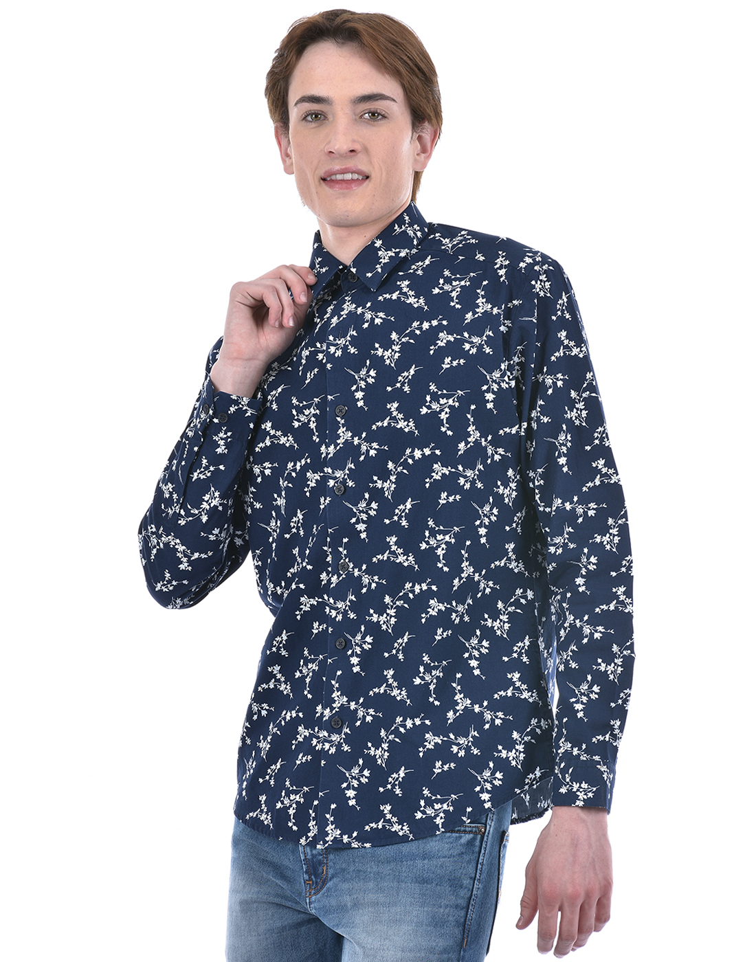 Numero Uno Men Floral Print Navy Shirt